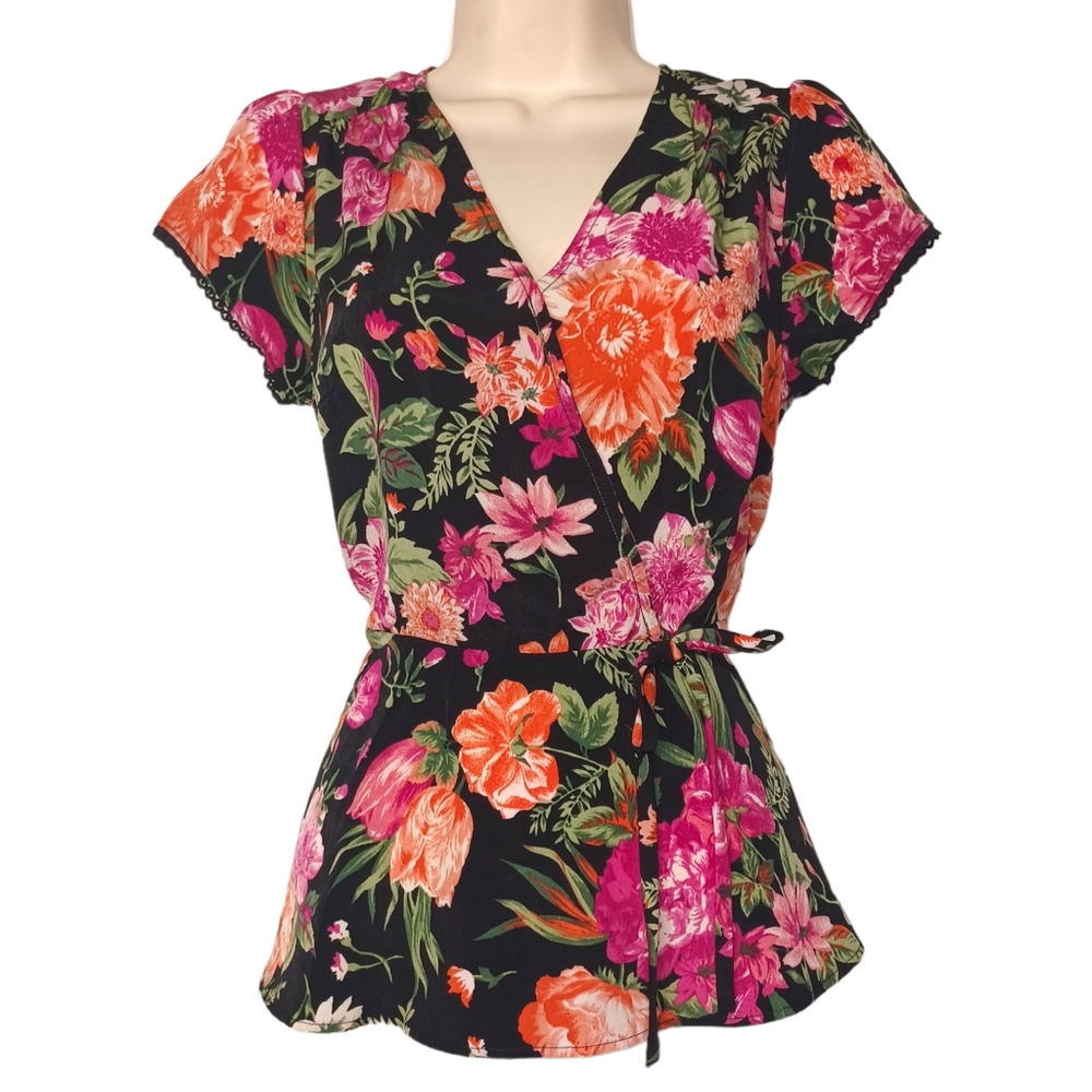 OLM Colorful Pink Orange Floral Print Crossover Faux Wrap Short Sleeve Top S